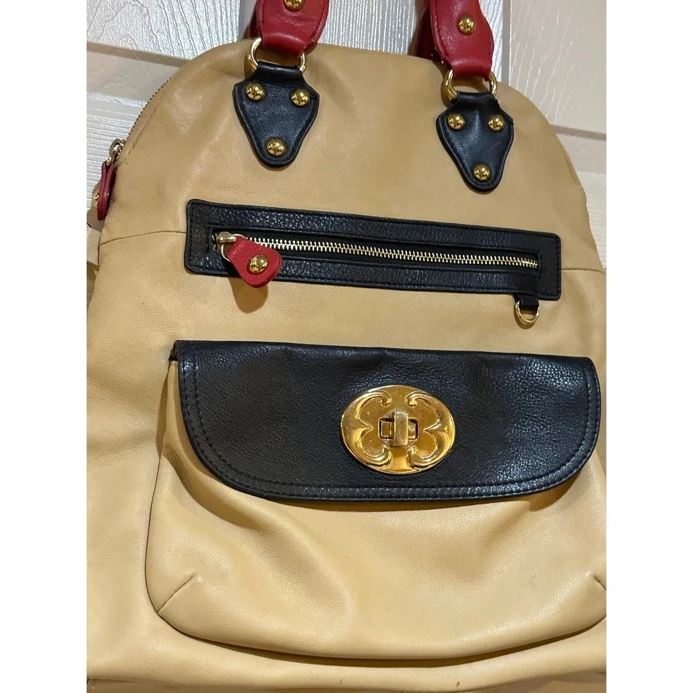 Emma Fox Leather Colorblock Satchel Backpack Beige Black Red Gold Turn Lock